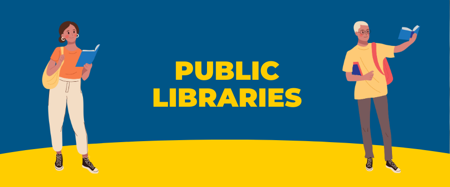 Two people holding books with the text "public library" in the center in yellow
