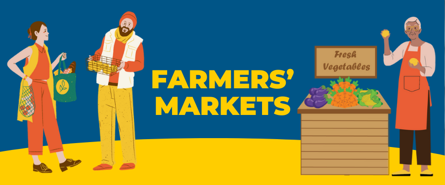 Three people at a farmers market with the text "farmers market" in the center in yellow